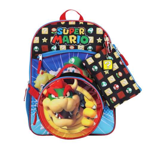 Super Mario Bros. Icons Bowser Kids 16" Backpack and Lunch Bag 5 Piece Set