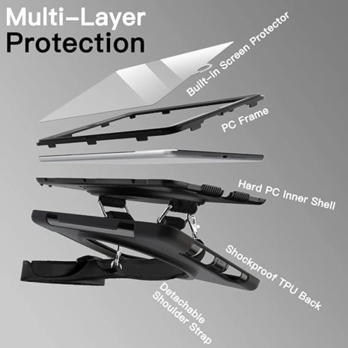 iPad 9.7-Inch Case - Built-in Screen Protector, Shockproof Rugged Cover with 360° Rotating Hand Strap Stand (Black)