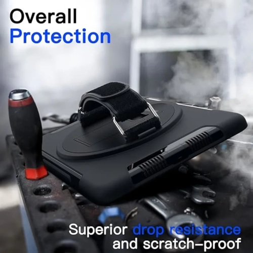 iPad 9.7-Inch Case - Built-in Screen Protector, Shockproof Rugged Cover with 360° Rotating Hand Strap Stand (Black)