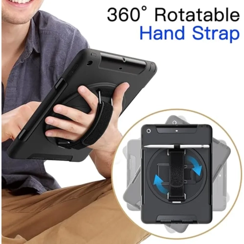 iPad 9.7-Inch Case - Built-in Screen Protector, Shockproof Rugged Cover with 360° Rotating Hand Strap Stand (Black)
