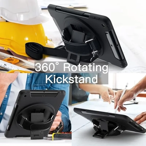 iPad 9.7-Inch Case - Built-in Screen Protector, Shockproof Rugged Cover with 360° Rotating Hand Strap Stand (Black)