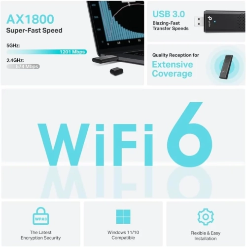 AX1800 Dual Band Wi-Fi 6 USB Adapter - 2.4GHz & 5GHz Antenna, SuperSpeed USB 3.0, WPA3, Supports Windows 11/10