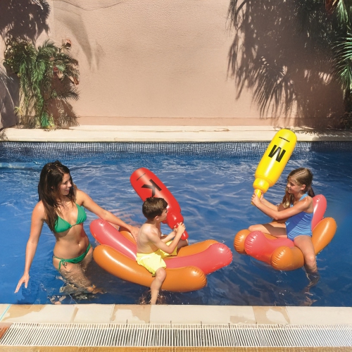 Set of 2 Inflatable Hot Dog Ride On Swimming Pool Battle Set with Boppers Game - 56"