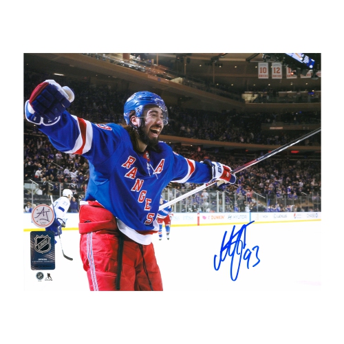 Image 1 of 1.. Mika Zibanejad Signed Rangers Hockey Goal Celebration 8x10 Photo