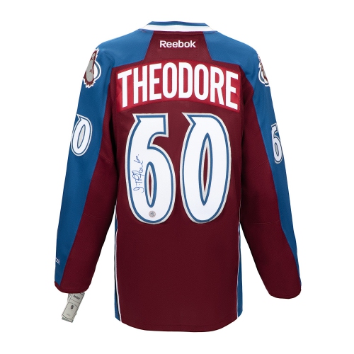Image 1 de 2.. Chandail réplique de hockey du Colorado autographié par Jose Theodore