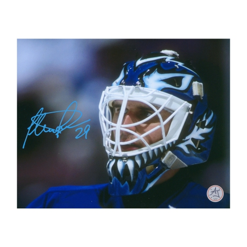 Image 1 de 1.. Photo de gros plan de 8 x 10 signée par Felix Potvin, masque de hockey de Toronto