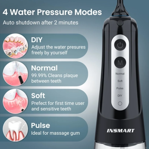 Cordless Water Flosser Dental Pick | Professional Oral Irrigator with 4 DIY Modes | IPX7 Waterproof, 300ML Tank, USB Rechargeable | Black