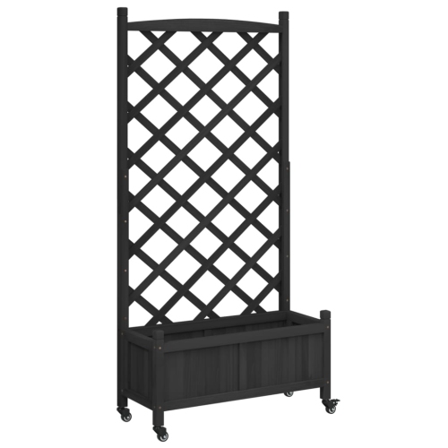 VIDAXL  Planter With Trellis And Wheels Solid Wood Fir In Black
