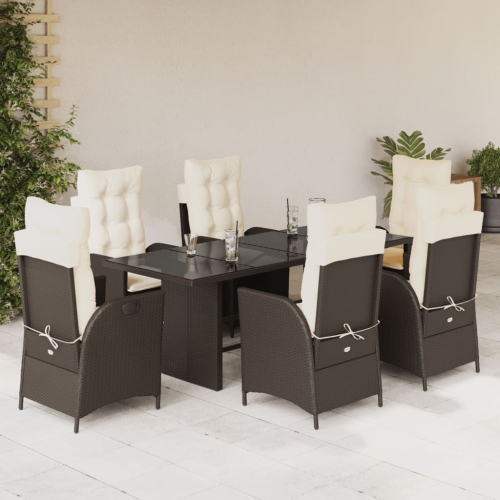 vidaXL 7 Piece Garden Dining Set with Cushions Brown Poly Rattan