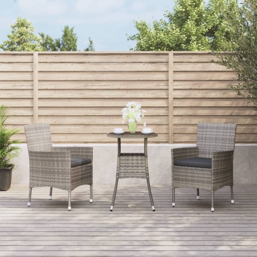vidaXL 3 Piece Garden Bistro Set with Cushions Grey Poly Rattan
