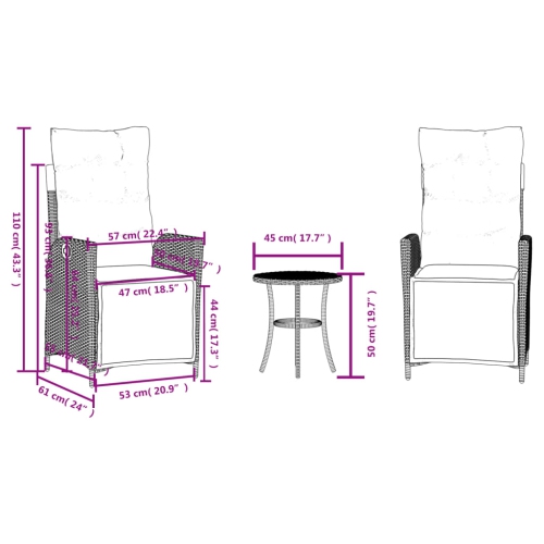 Ensemble bistro de 3 pièces avec coussins en rotin de polyester beige vidaXL