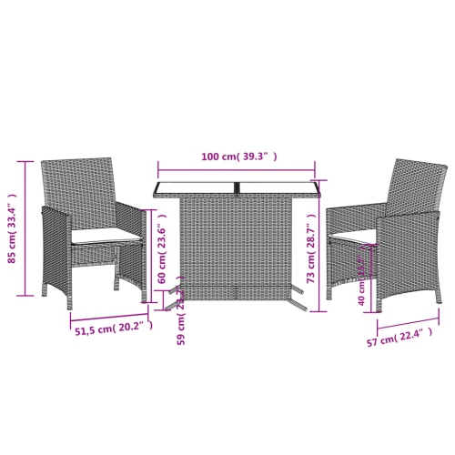 vidaXL 3 Piece Bistro Set with Cushions Beige Poly Rattan