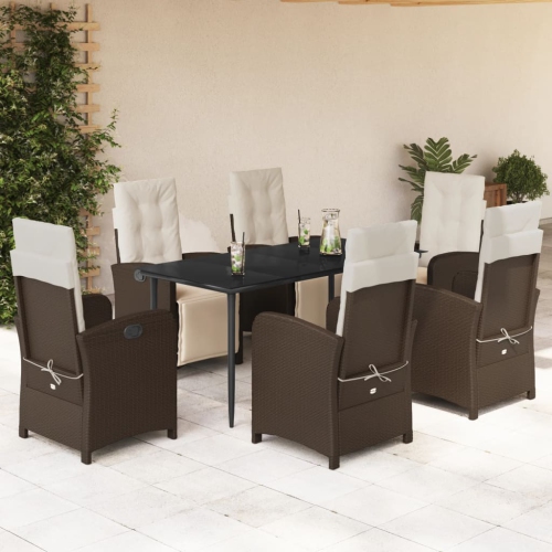 vidaXL 7 Piece Garden Dining Set with Cushions Brown Poly Rattan