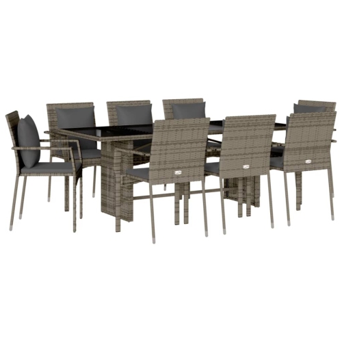 Image 1 of 8.. vidaXL 9 Piece Garden Dining Set with Cushions Grey Poly Rattan