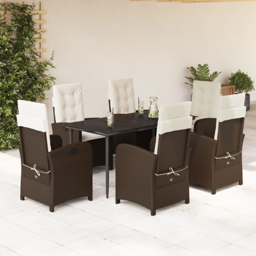 vidaXL 7 Piece Garden Dining Set with Cushions Brown Poly Rattan
