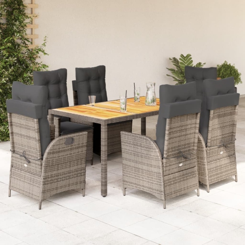 vidaXL 7 Piece Garden Dining Set with Cushions Grey Poly Rattan