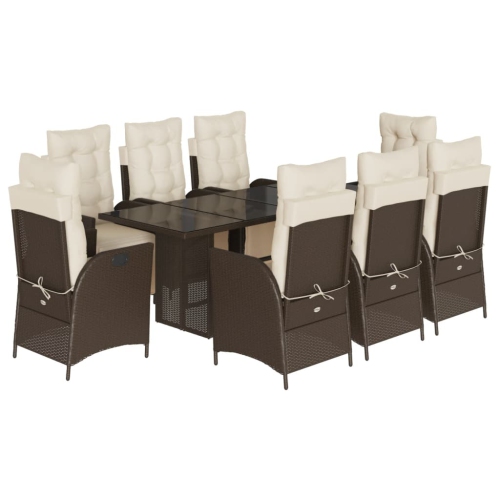Image 1 of 9.. vidaXL 9 Piece Garden Dining Set with Cushions Brown Poly Rattan