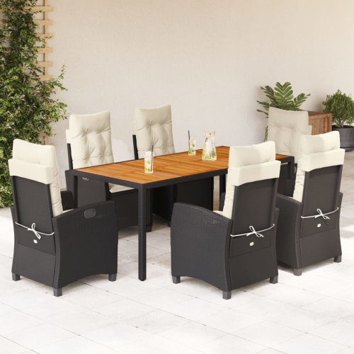 vidaXL 7 Piece Garden Dining Set with Cushions Black Poly Rattan