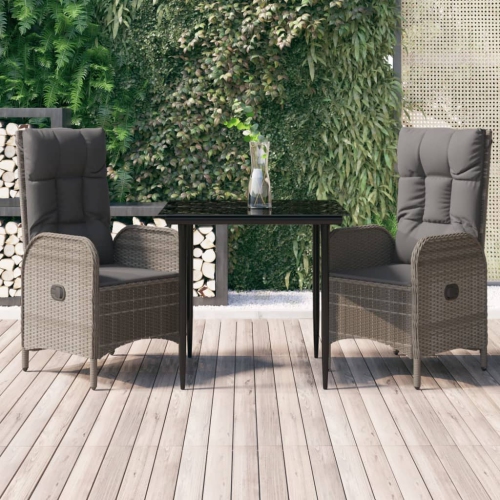 vidaXL 3 Piece Garden Dining Set with Cushions Black and Grey Poly Rattan