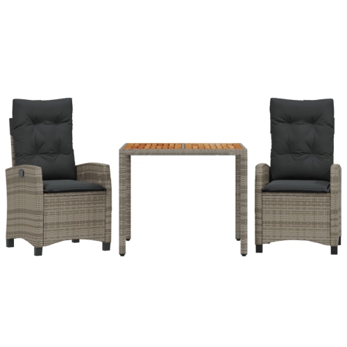 Image 1 of 9.. vidaXL 3 Piece Garden Dining Set with Cushions Grey Poly Rattan