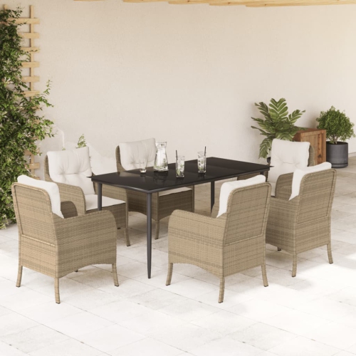 vidaXL 7 Piece Garden Dining Set with Cushions Beige Poly Rattan
