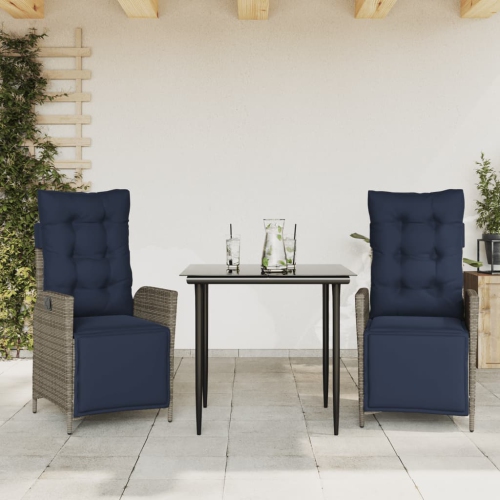 vidaXL 3 Piece Garden Dining Set with Cushions Grey Poly Rattan