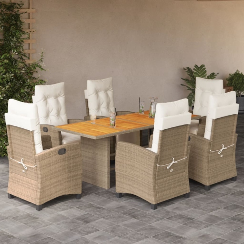 vidaXL 7 Piece Garden Dining Set with Cushions Beige Poly Rattan