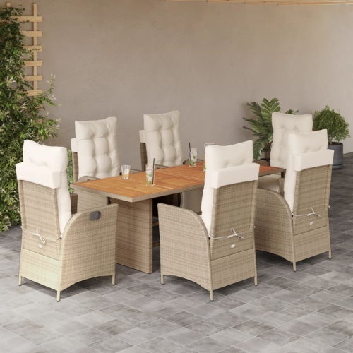 Ensemble de salle à manger de jardin de 7 pièces avec coussins en rotin de polyester beige vidaXL