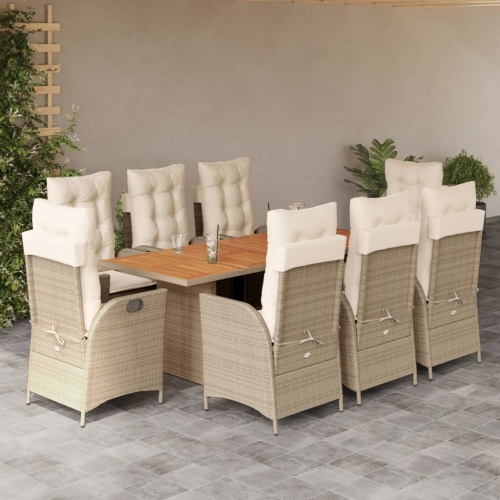 Ensemble de salle à manger de jardin de 9 pièces avec coussins en rotin de polyester beige vidaXL