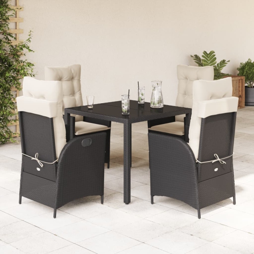 vidaXL 5 Piece Garden Dining Set with Cushions Black Poly Rattan