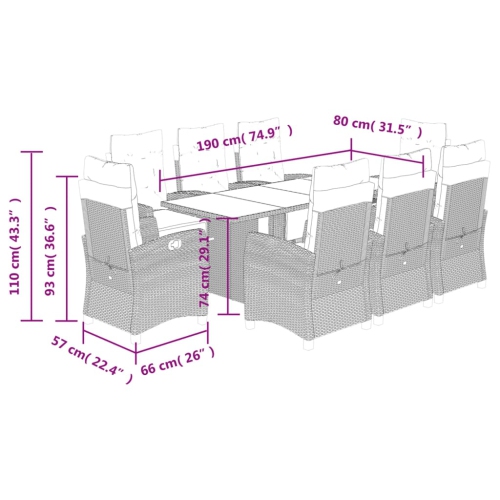 Ensemble de salle à manger de jardin de 9 pièces avec coussins en poly rotin gris