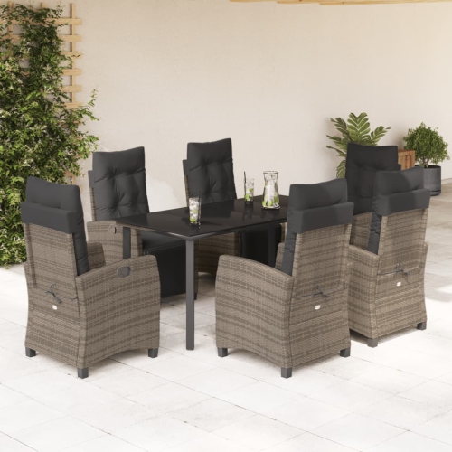 vidaXL 7 Piece Garden Dining Set with Cushions Grey Poly Rattan