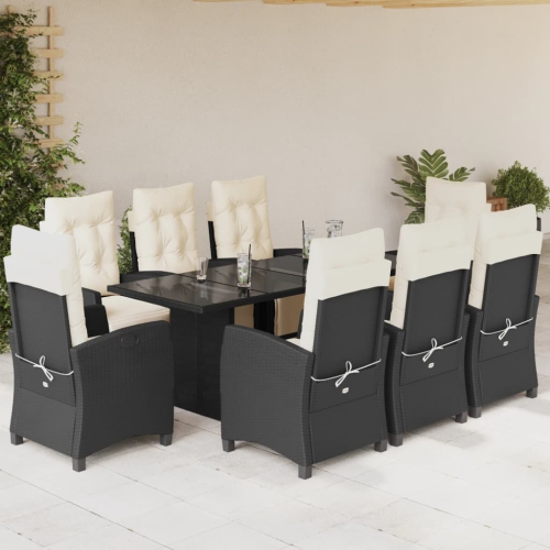 vidaXL 9 Piece Garden Dining Set with Cushions Black Poly Rattan