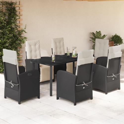 vidaXL 7 Piece Garden Dining Set with Cushions Black Poly Rattan