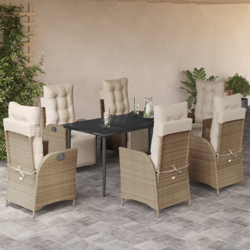 Ensemble de salle à manger de jardin de 7 pièces avec coussins en rotin de polyester beige vidaXL