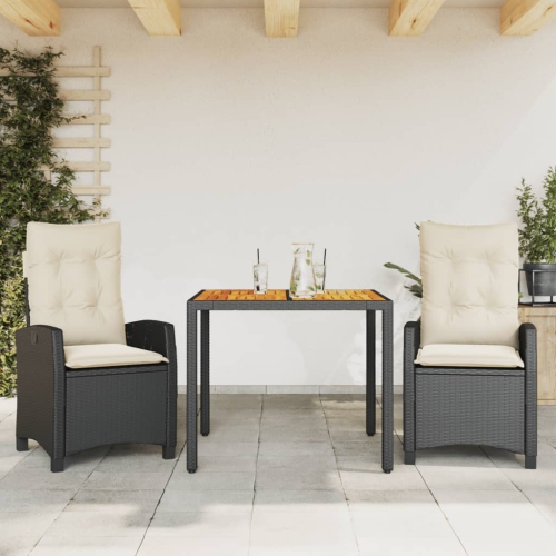 vidaXL 3 Piece Garden Dining Set with Cushions Black Poly Rattan