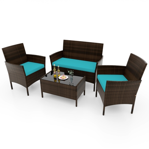 Costway 4 PCS Patio Furniture Set with Washable Cushions and Tempered Glass Coffee Table