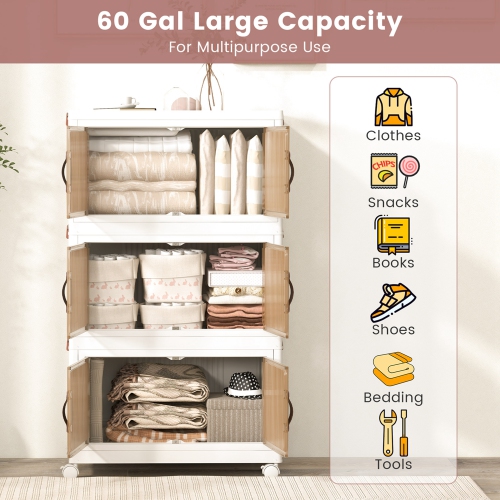 Costway 60 Gallon Storage Bins 3-Tier Stackable Storage Boxes with Lid Lockable Casters