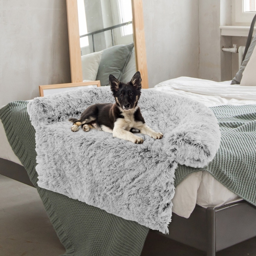 Costway Plush Calming Dog Couch Bed with Anti-Slip Bottom Plush Mat for Medium Dogs & Cats Gray