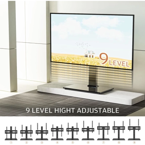 Universal Table Top TV Stand for 27-55 Inch TVs | 9-Level Height Adjustable | Tempered Glass Base & Wire Management | VESA 400x400mm