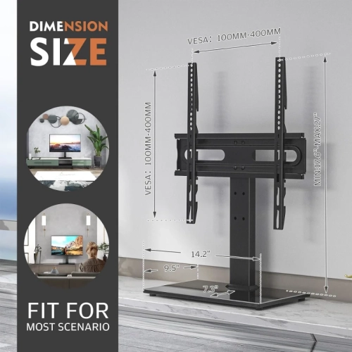 Universal Table Top TV Stand for 27-55 Inch TVs | 9-Level Height Adjustable | Tempered Glass Base & Wire Management | VESA 400x400mm