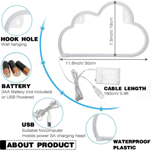 YOULIGHTS Neon Cloud sign,cloud led light Wall Light Night Lights, Battery or USB Powered Neon Lights for Wall Decor, Bedroom, Living Room, Bar,