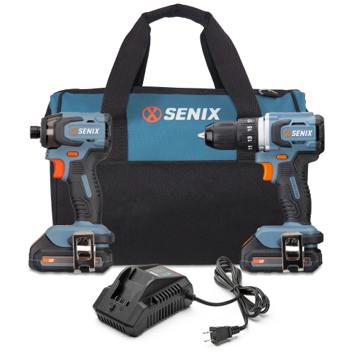 SENIX  X2 20 Volt Max 2-Piece Cordless Power Tool Kit \w Battery Powered 1/2-Inch Drill Driver And 1/4-Inch Impact Driver, Includes Storage Bag, 2