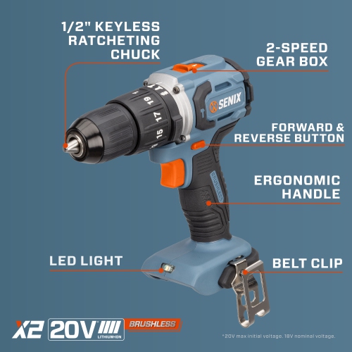 SENIX X2 20V Max* 1/2-Inch Cordless Hammer Drill/Driver, Brushless Motor Driver, Includes 2.0 Ah Battery and Charger