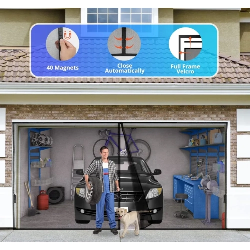 8x7FT Magnetic Garage Door Screen | Retractable Fiberglass Mesh with Weighted Bottom | Easy Assembly & Hands-Free | 40 Magnets for 1-Car Garage/Patio