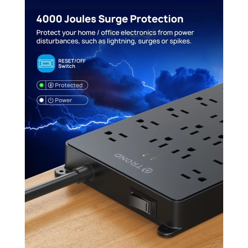 Barre d'alimentation avec parasurtenseur | 22 prises et 4 ports USB | Rallonge pour prise plate 5 pi | 4000 joules ETL listed | Support mural
