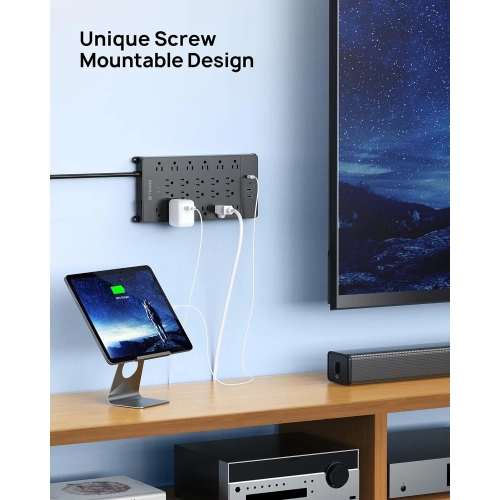 Barre d'alimentation avec parasurtenseur | 22 prises et 4 ports USB | Rallonge pour prise plate 5 pi | 4000 joules ETL listed | Support mural