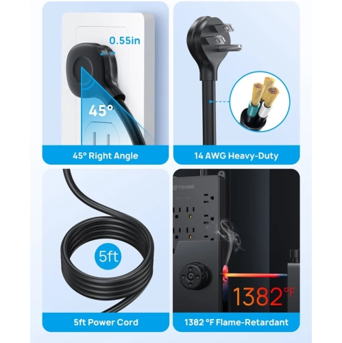 Barre d'alimentation avec parasurtenseur | 22 prises et 4 ports USB | Rallonge pour prise plate 5 pi | 4000 joules ETL listed | Support mural