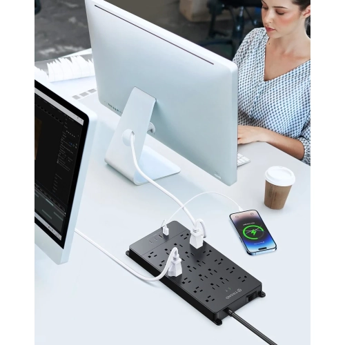 Barre d'alimentation avec parasurtenseur | 22 prises et 4 ports USB | Rallonge pour prise plate 5 pi | 4000 joules ETL listed | Support mural