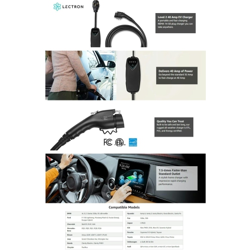 Lectron Level 2 EV Charger -ETL Certified, 240V, 40 Amp, NEMA 14-50 Plug, 16 ft Extension cord & J1772 Cable-Portable Electric Car Charger for J1772